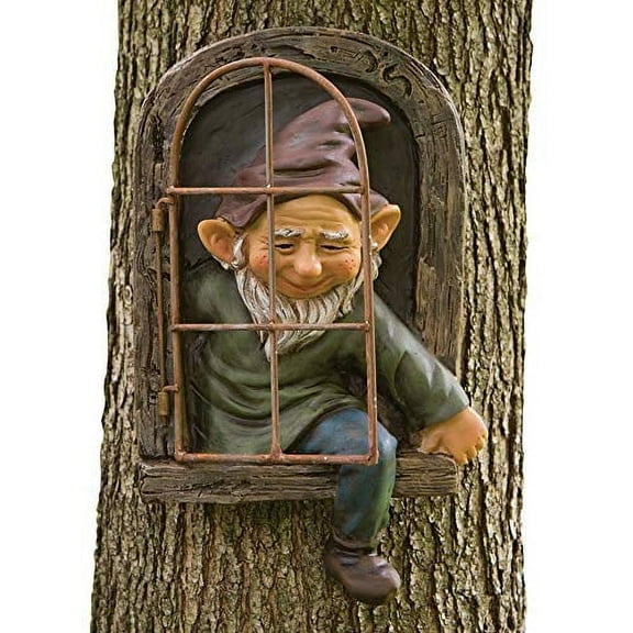 Bits and Pieces 12” Elf Out The Door Tree Hugger Yard Tree Sculpture Decoration Garden Peeker Art