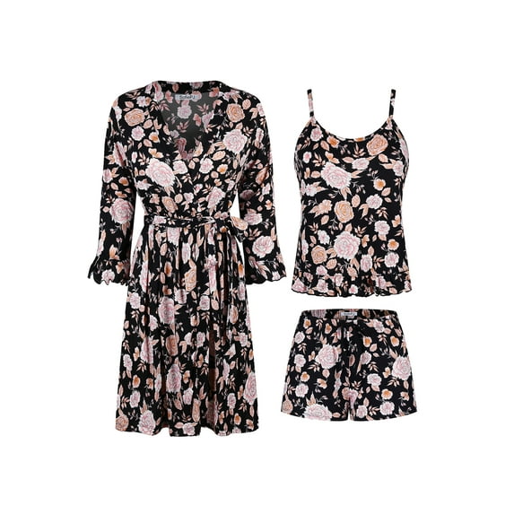 SofiePJ, Women's, Super Soft Warm Poly Suede Stretchy 3 PC Belted Ruffle Hem Robe Chemise Shorts Set, Warm Poly Suede Black Floral, M