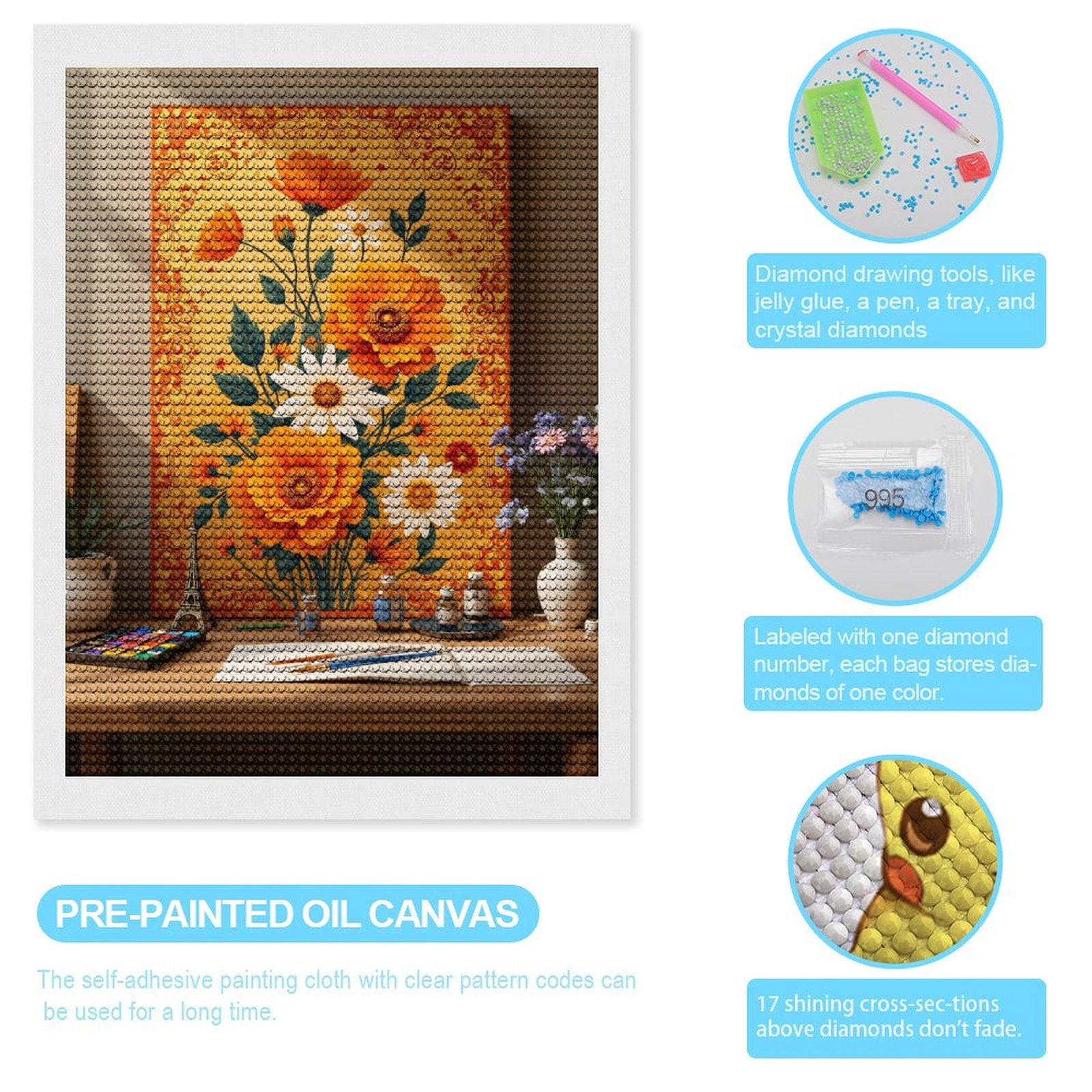 Diamond Art Kits for Adults, Radiant Floral Canvas Art Desk Setup 5D Diamond Painting Kits for Adults Beginners, DIY Full Drill Diamond Painting, Gem Art and Crafts 12x16