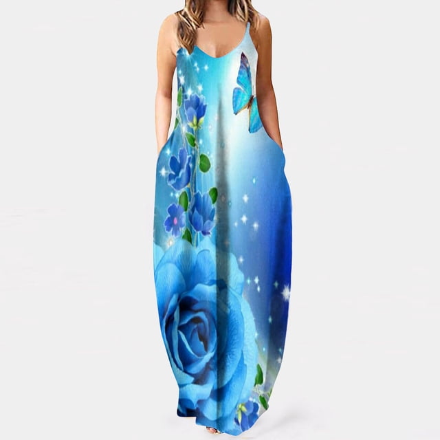 SMihono Robe Maxi Bohème d'Été pour Femmes Grande Taille Aguichant Mode Sans Manches Imprimée Col en V avec Poches Robe Longue de Plage