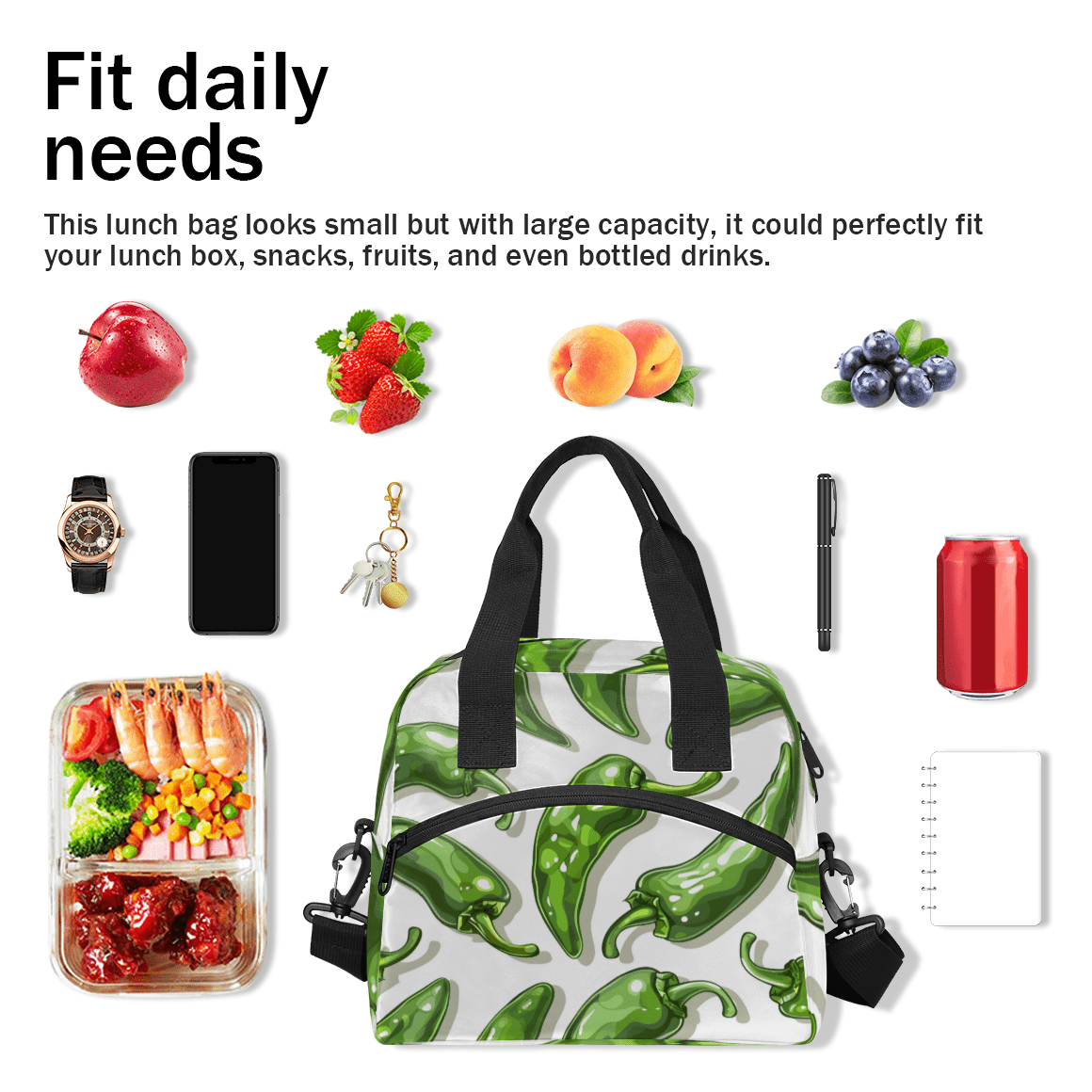 Herdesigns Chili Pepper Insulated Lunch Bag for Women Men Adults Large Reusable Lunch Box Green Chili Leakproof Cooler Tote Bags with Adjustable Shoulder Strap