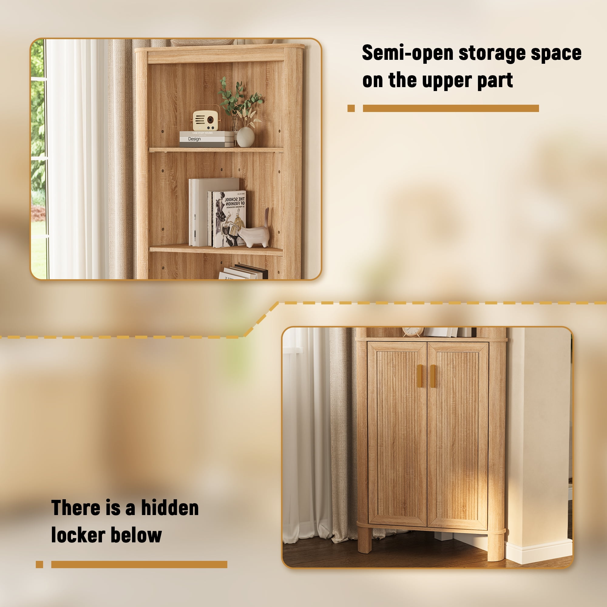68" Tall Fluted Corner Cabinet for Bathroom, Modern Living Room & Kitchen - 5 Adjustable Shelves, Space-Saving Natural Oak Storage, Curved Profile Design