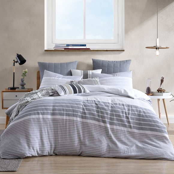 Swift Home 100% Cotton Yarn-Dyed Stripe Gauze Duvet Cover Set, Textured, Full/Queen, Grey