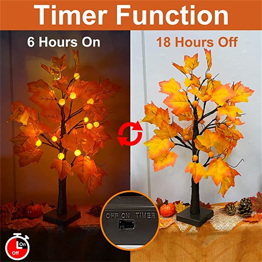 Kepooman 24 inch Prelit Maple Tree with Timer 24 Pumpkin Lights, Maple Leave Tree for Fall Decor Autumn Decoration Holiday Decorations, Pumpkin Decor for Indoor Home Table Decorations, Warm White