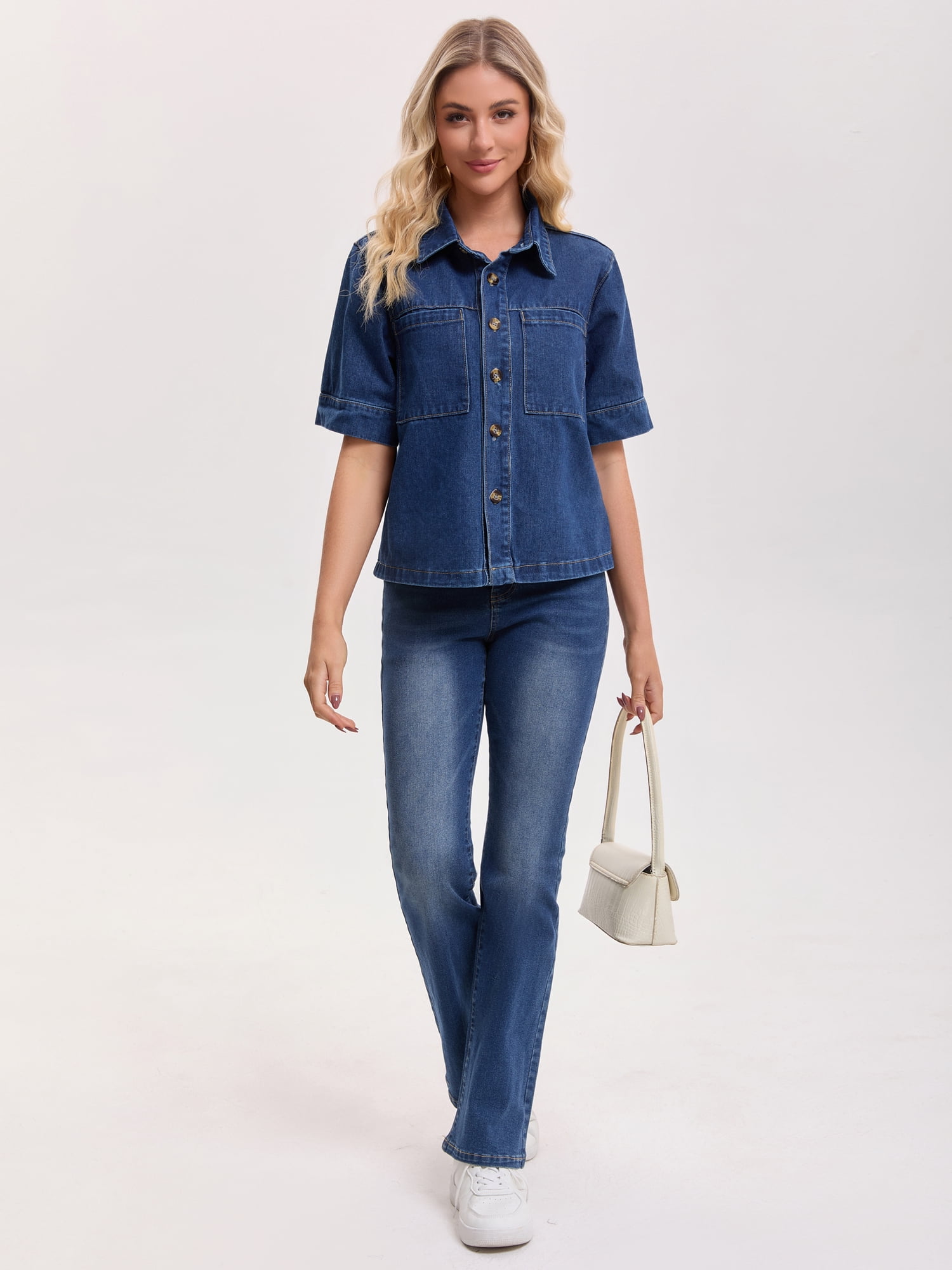 DARING DIVA Women's Short Sleeve Button Down Boxy Shirt Tops Jean Jacket M Dark Blue