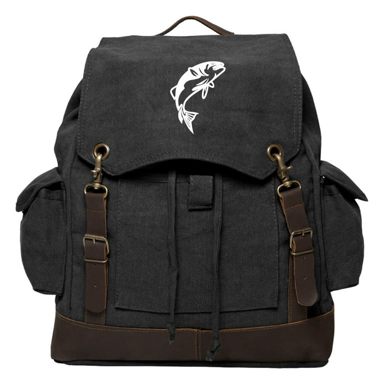 Jumping Bass Fish Rucksack Backpack with Leather Straps Black & White