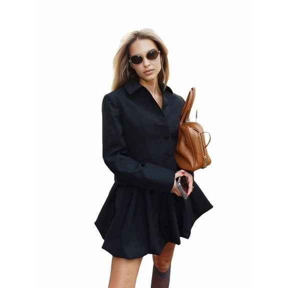 Women'S Long Sleeve Collar Button Up Shirt Dress with Belt for Work Black S