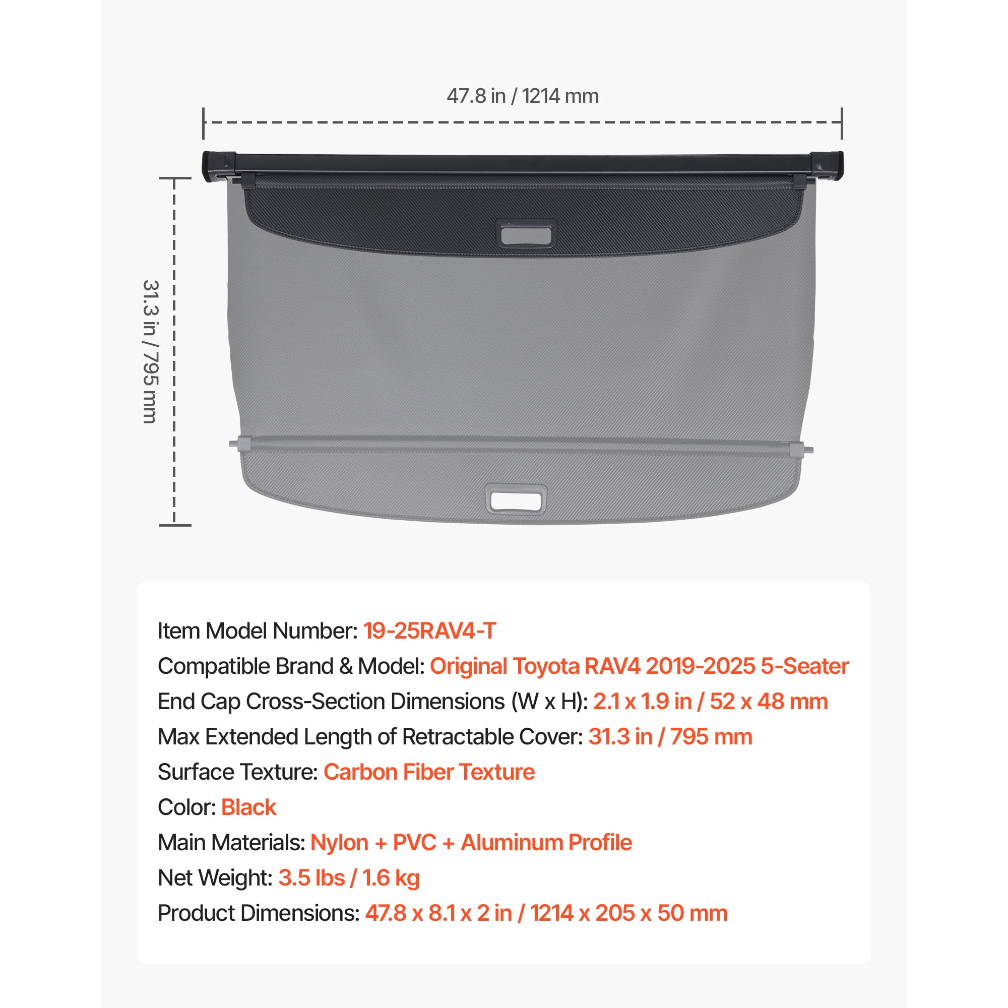 KFFKFF Retractable Cargo Cover, Carbon Fiber-Style Trunk Privacy Shield, Anti-Peeping Security Shade, Easy-to-Install Car Accessory, Compatible with Toyota RAV4 2019-2025 5-Seater