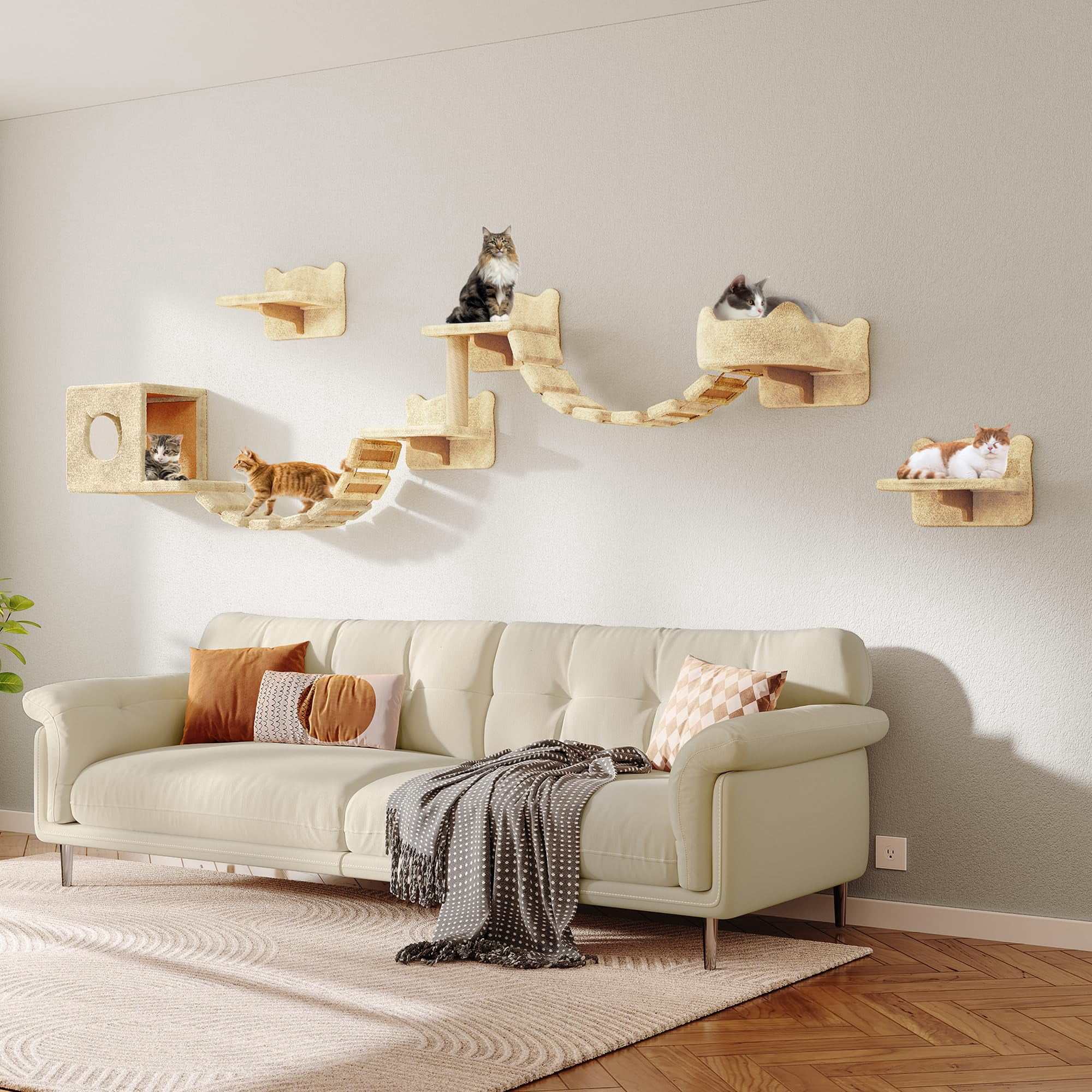 9-in-1 Cat Wall Shelves  Stable & Safe Mounted Cats Shelf Furniture Set With Plush Fabric Wooden Climbing Systems Bridge Ladder Floor Space-saving Beige