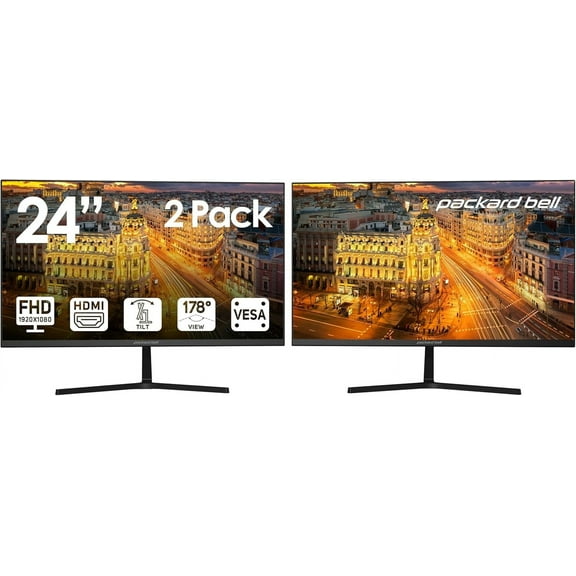 Packard Bell 24" FHD Monitor – 2 Pack, HDMI/VGA, Tilt, VESA Mount