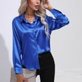 thumbnail image 2 of Woman Satin Twist Knot Shirt Long Sleeve Button Up Shirt Fashionable Pure Color Slim Fit Top Jewel Blue M, 2 of 6
