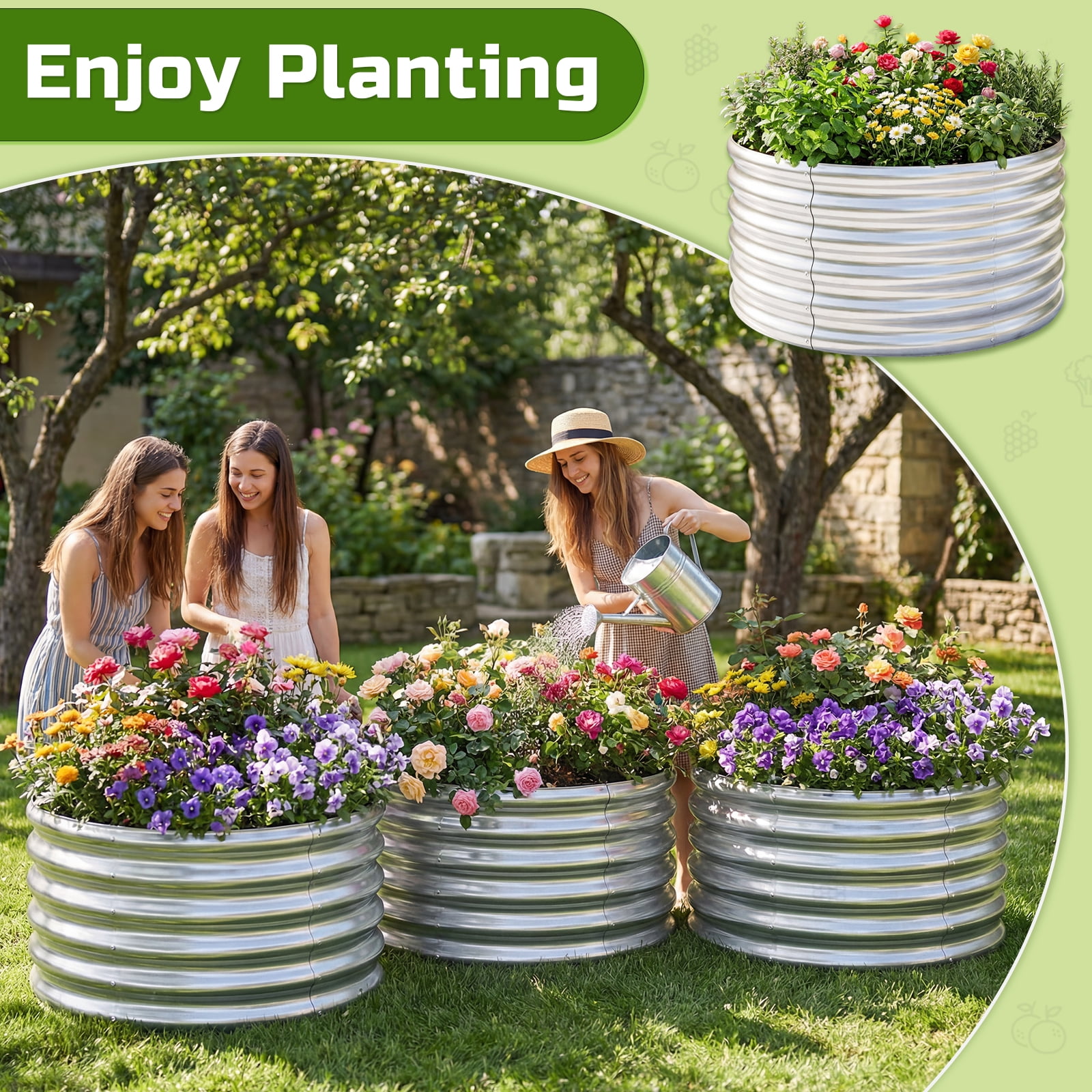 Land Guard 3 Pcs 2x2X2FT Round Galvanized Raised Garden Bed Kit, Silver Outdoor Planter Garden Bed, Metal Raised Box for Vegetables, Fruits, Flowers & Herbs