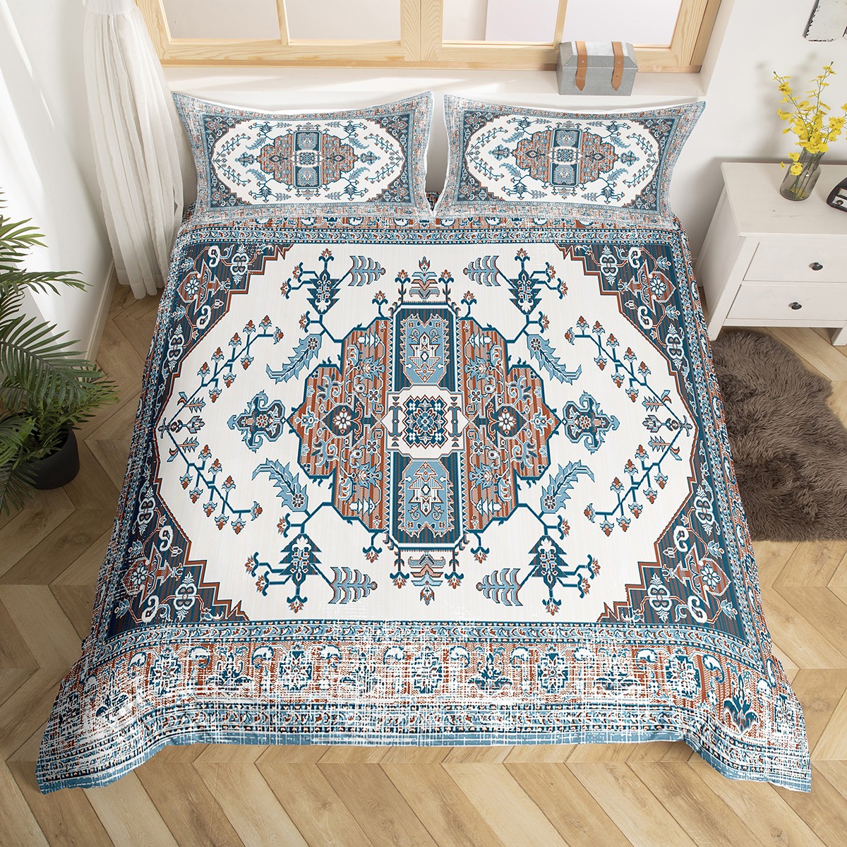 Persian Duvet Cover King, Exotic Flowers Bedding Set, Blue Grey