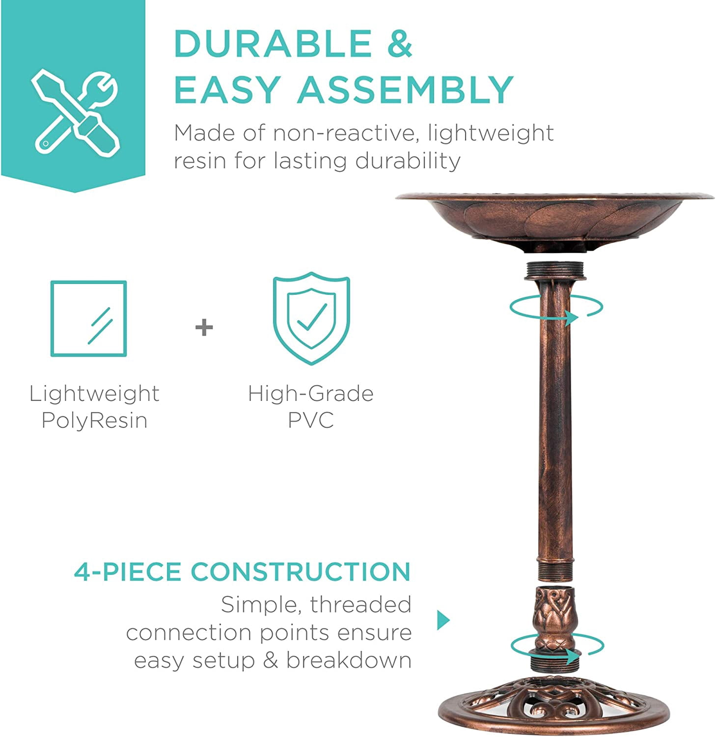 NIUMU  28in Pedestal Bird Bath, Vintage Outdoor Resin Accent Decoration w/Fleur-de-Lis Accents - Copper