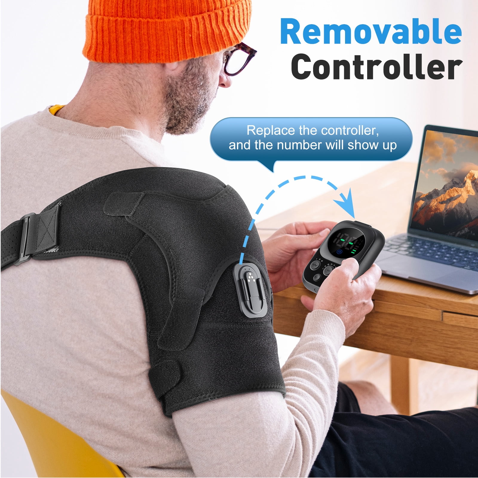 Heated Shoulder Massager, Heating Shoulder Pad with 8 Modes, 3 Speed Vibration, 6 Heat Levels, App Control, Detachable Controller, 5000mAh Battery, Portable for Shoulder Relaxation