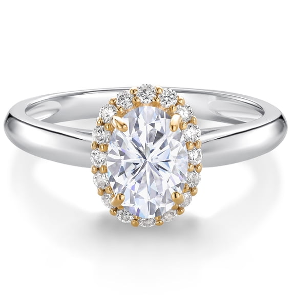 Gem Stone King 10K White and Yellow Gold White Moissanite and Lab Grown Diamond Halo Engagement Ring for Women (1.03 Cttw, Gemstone, Oval 7X5MM, Size 8)