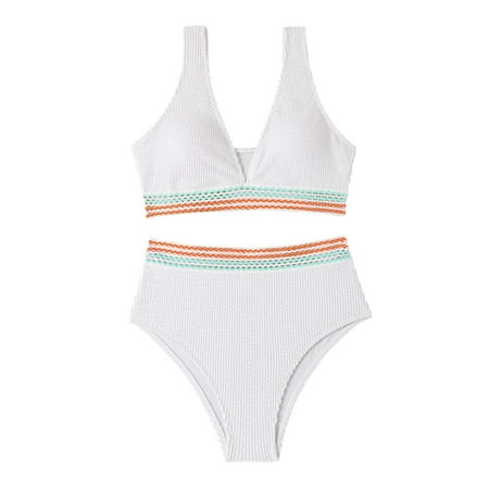 Arnsht Women s High Waisted Bikini Sets Sporty Two Piece Swimsuits Summer Color Block Cheeky High Cut Bathing Suits White M