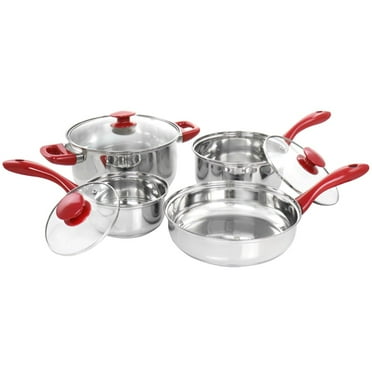 Gibson 127768.07 Crawson Stainless Steel Cookware Set with Red Handles, Chrome - 7 Piece