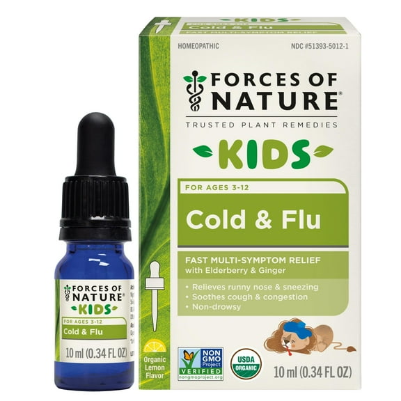 Forces of Nature Cold & Flu for Kids 10ml Sublingual Dropper, Natural, Organic Relief of Runny Nose, Congestion, Sore Throat