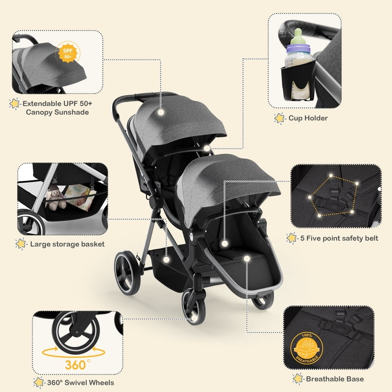Double Stroller, Foldable Tandem for Infants & Toddlers, Reclining Seats, 5-Point Harness, Large Basket, Gray