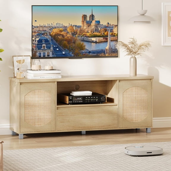 Rattan TV Stand for 70 Inch TV Boho TV Entertainment Center Wooden TV Console with Drawer and 2 Cabinets Media Console Cabinet for Living Room Bedroom Natural Oak