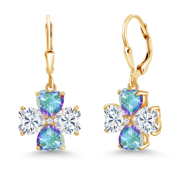 Gem Stone King 18K Yellow Gold Plated Silver White Moissanite and Mercury Mist Mystic Topaz Dangle Earrings for Women (7.22 Cttw, Gemstone, Heart Shape 6MM)