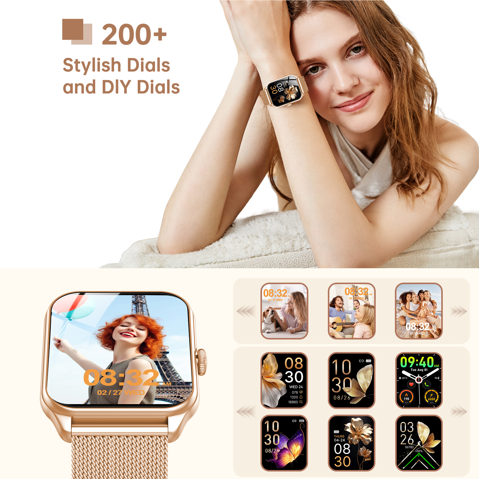 Tikland Smart Watch for Women, 1.83" Display, Gold and Pink photo 3