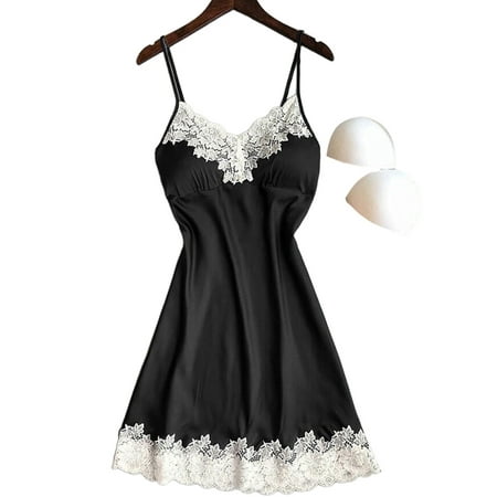 

JustVH Women Casual Loungewear Bra Cup Pads Included Lace Splicing Sleepshirt Backless Babydoll Nightdress