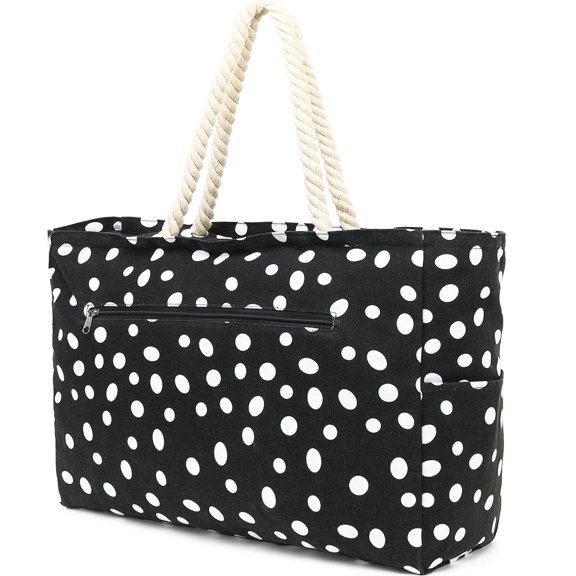 Oversized Canvas Beach Tote Bag for Women and Girls, Waterproof Sandproof Travel Tote Bag with Wet Pocket, Striped Swim Pool bag Zipper Closure,Dot