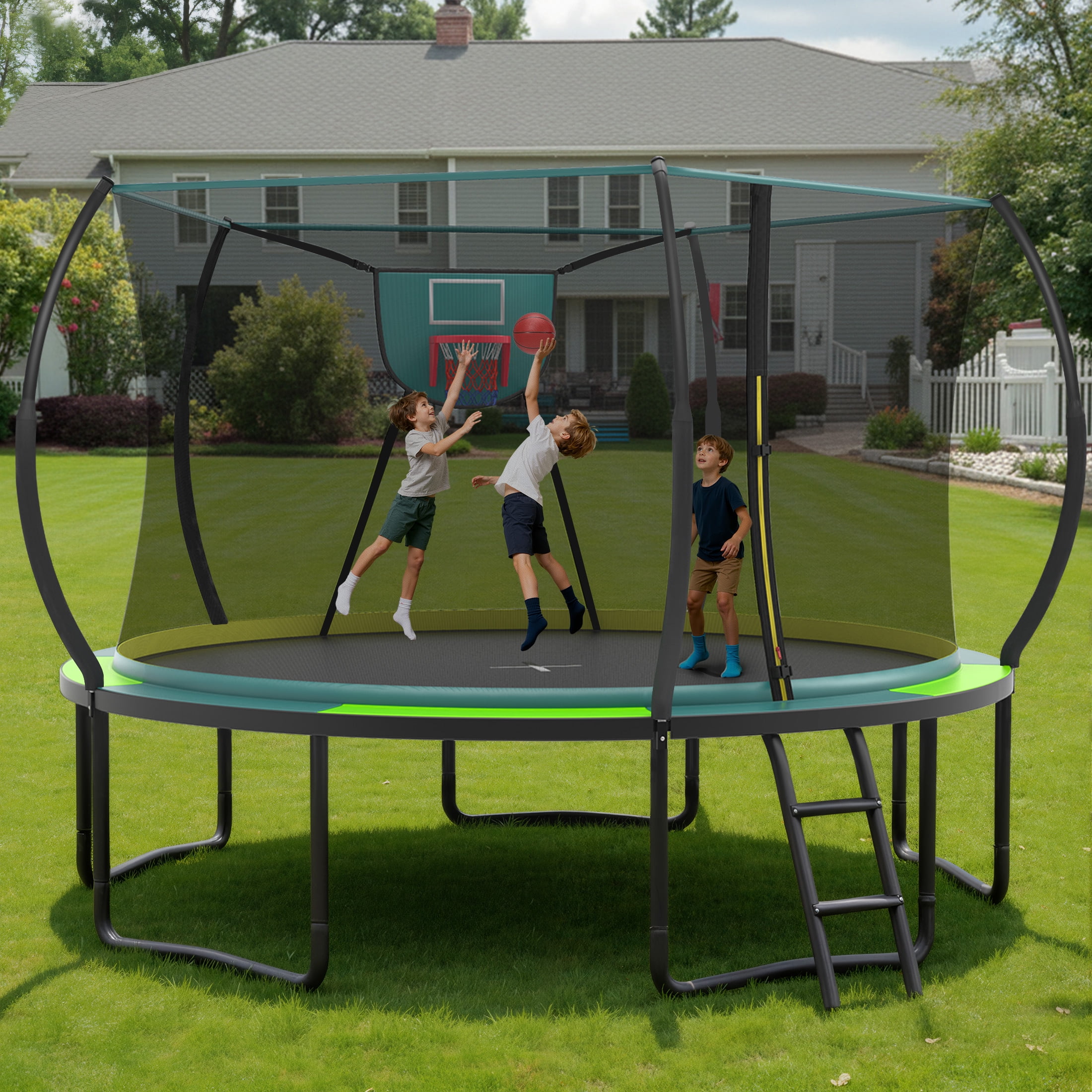 SEGMART 12ft Trampoline with Basketball hoop, Upgraded Round Outdoor Kids Trampoline with Enclosure Net, Heavy Duty Backyard Trampoline with No Gap Design, Recreational Trampoline for Adults Kids