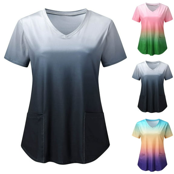 FNFYFH Scrubs Top for Women Soft Stretch V Neck Scrubs Short Sleeve Nurse Uniform with 2 Pockets and Curved Hemline