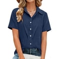 thumbnail image 5 of LangJing Women Linen Button Down Shirts Oversized Short Sleeve Blouse Business Casual Tops Loose Fit Dressy Summer Spring Tshirts 2026 Navy,M, 5 of 8