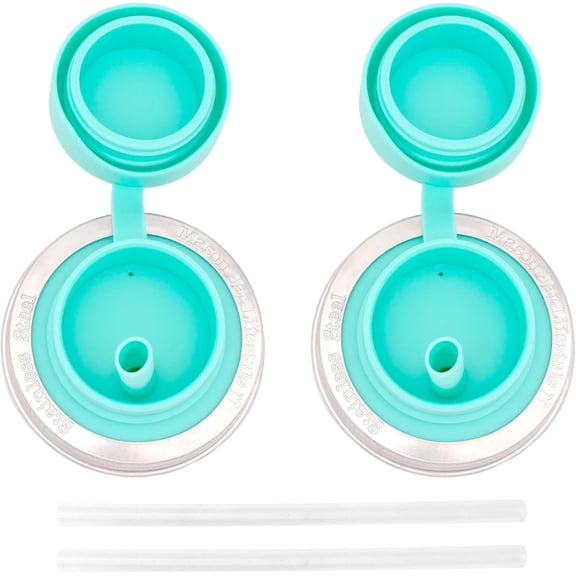 Aquamarine Pop-Up Sippy Straw Leak Proof Silicone Lids for Regular Mouth Mason Jars (2 Pack)