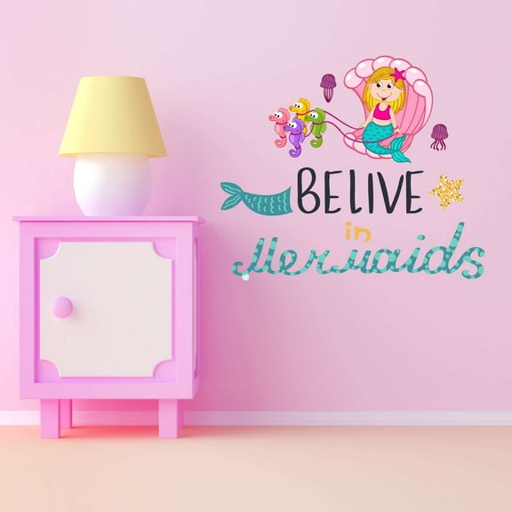 Believe In Mermaids Mermaid Half Shell Seahorse Sled Statfish Princess Fish Starfish Queen Sweet Dreams Bedtime Unicorn Lovely Dear Dream Decorating Wall Decal Sticker - Size: 20 In X 18 In