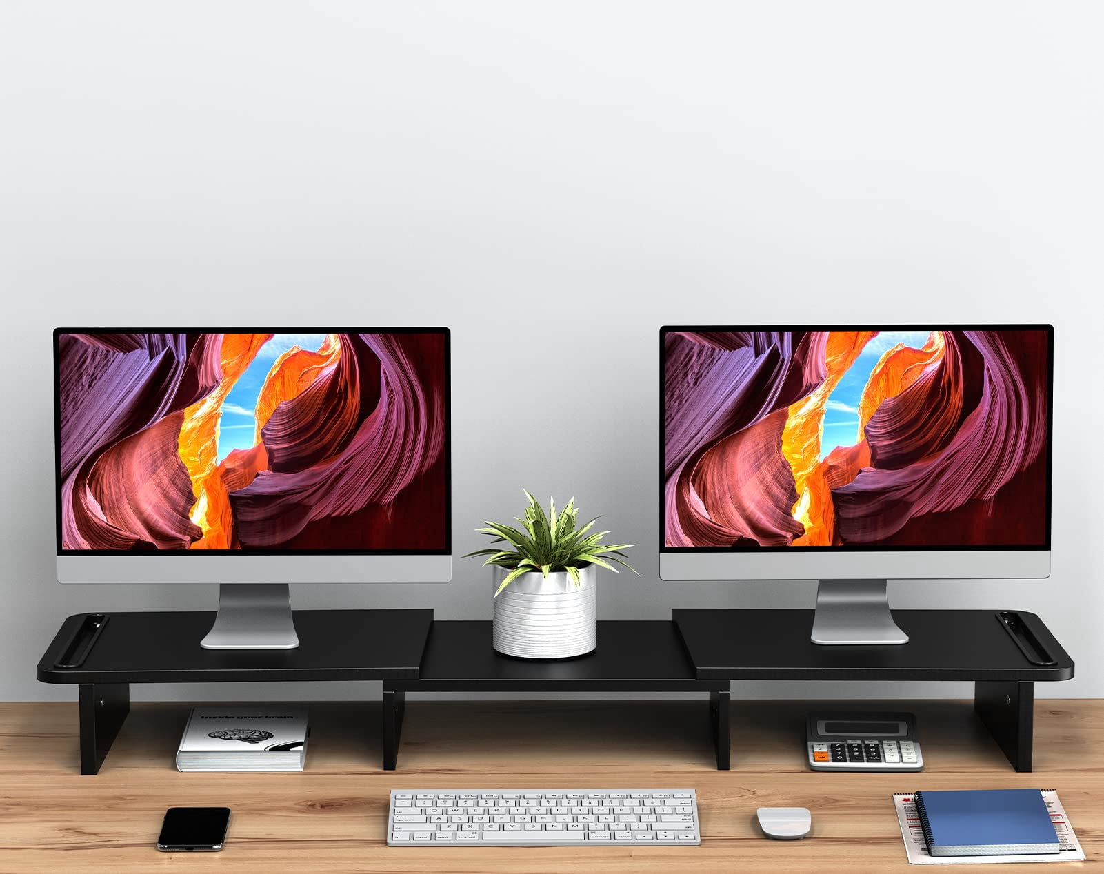 Dual Monitor Stand Riser  With Adjustable Length And Angle Wood For Desk 2 Monitors Storage Space