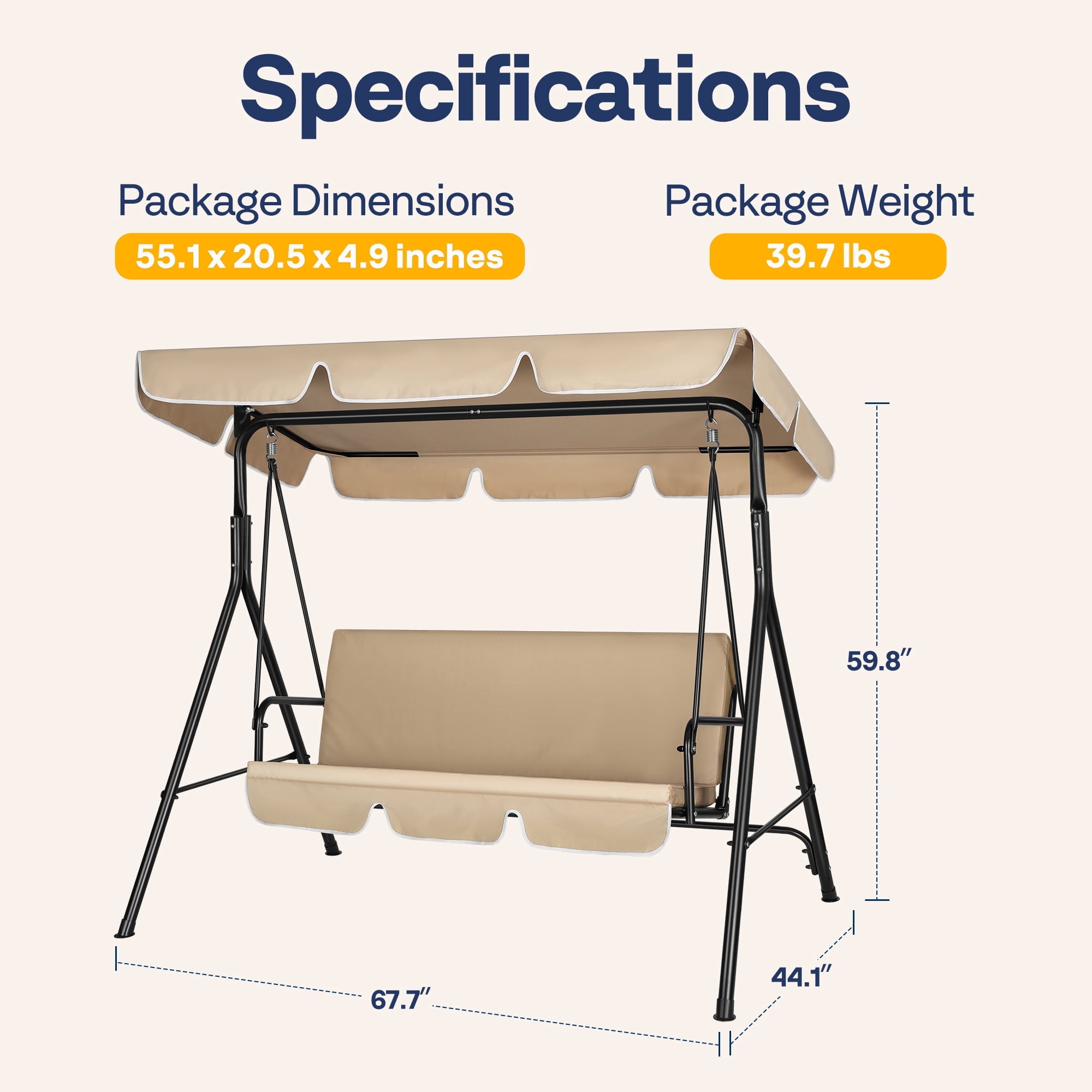SPECSTAR 3 Seats Patio Porch Swing Chair, Converting Canopy,Removable Cushion,Cushioned Steel Frame Porch Canopy Swing Chair for Patio Garden,Beige