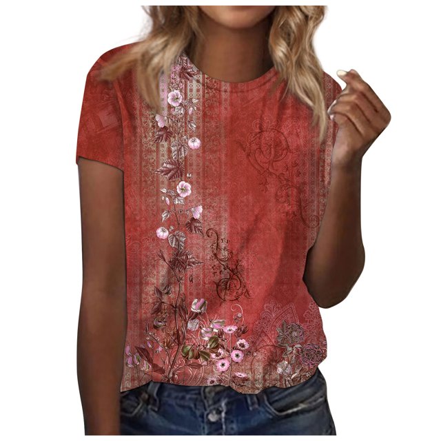 moda de las mujeres casual manga corta estampado de flores cuello redondo jersey top blusa rojo/xl