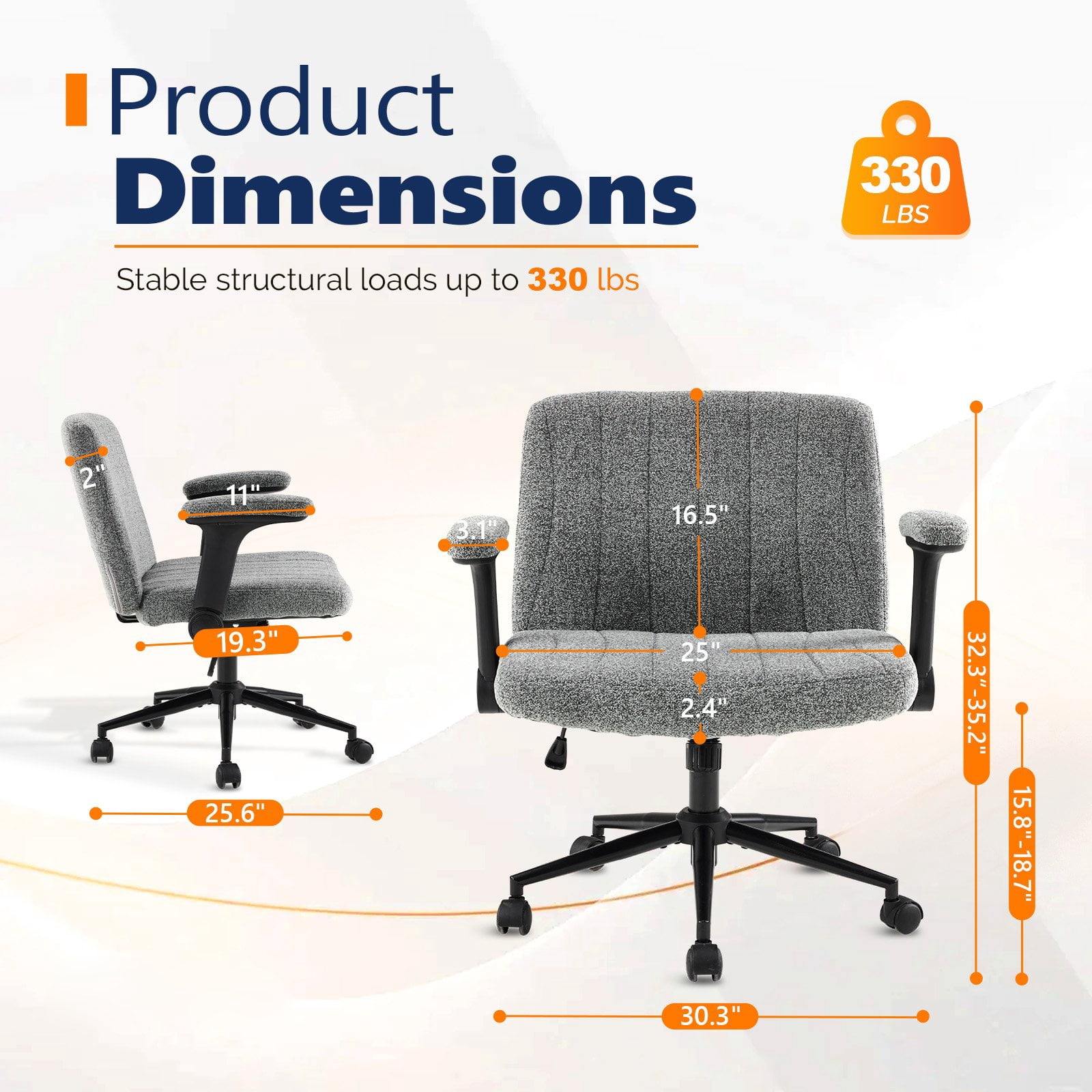Ktaxon Office Chair with Chenille Fleece Upholstery, Flip-Top Armrest Desk Chair on Metal Star Base, Adjustable Height & Quiet Casters for Home Study Gray