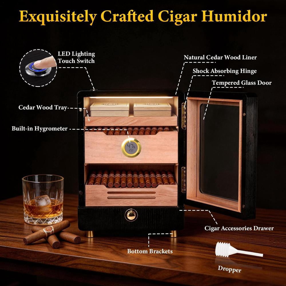 Cigars Humidor Cabinet, Cigars Cabinet Humidor with Spanish Cedars Wood Drawer, Precision Hygrometer, 3 Humidifiers and Cigars Accessories Drawer, Christmas for Cigars Lovers
