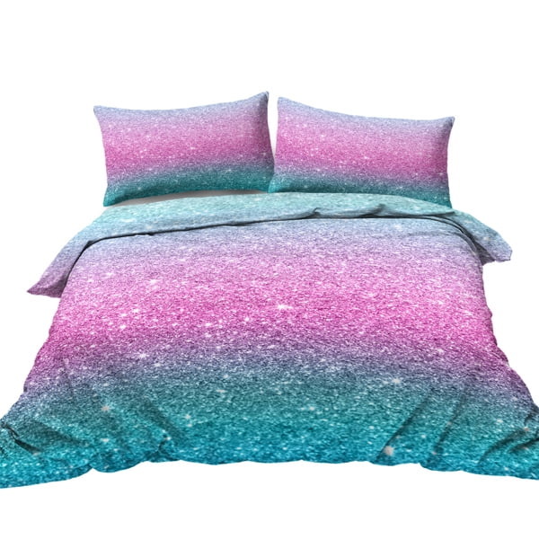 Colorful Glitter Bedding Girly Turquoise Blue Pink and Purple Pastel Colors Duvet Cover 3 Piece Trendy Bed Spreads Queen Size Comforter Cover Sets