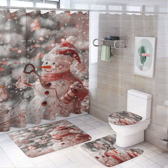 Christmas Trees, Snowmen 4Pcs Shower Curtain Set Shower Curtain Set with Carpet Bath Mat