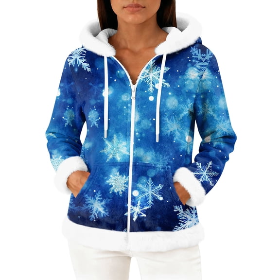 Women's Casual Fashion Long-Sleeve Zip-Up Fleece Hooded Cardigan with Christmas Print, Cozy and Warm for Winter Season,Dark Blue,M