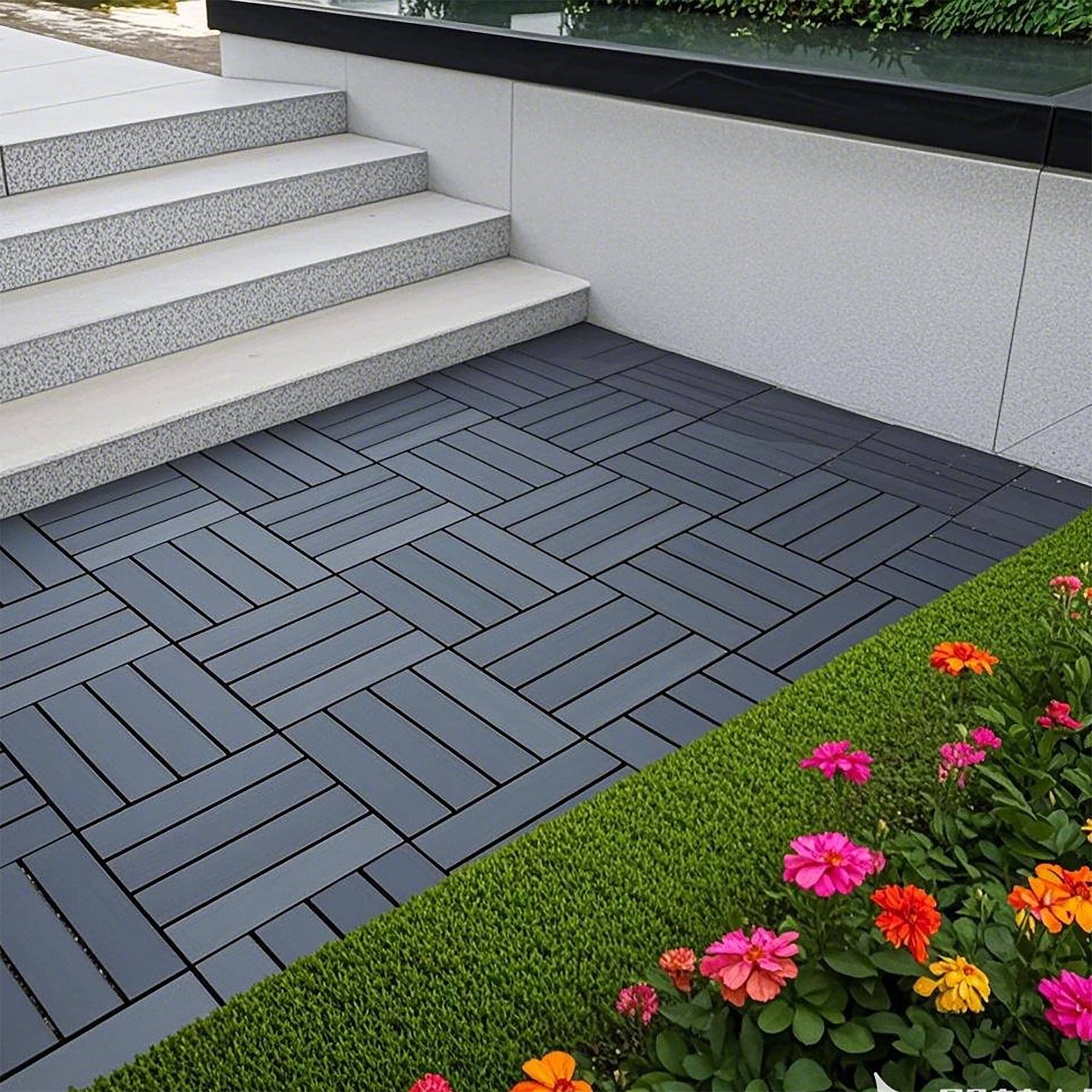 Alvantor 44 Pack Interlocking Deck Tiles, Plastic Waterproof Flooring Tiles for Outdoor & Indoor, Dark Gray
