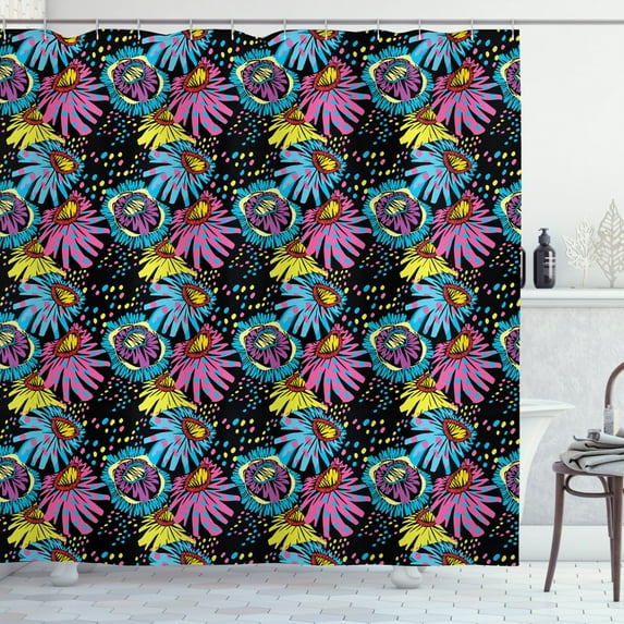 Flower Shower Curtain, Ornamental Composition of Blossoming Flower Sixties Style Colorful Cartoon Design, Fabric Bathroom Set with Hooks, 69"W X 75"L Long, Multicolor, by Ambesonne