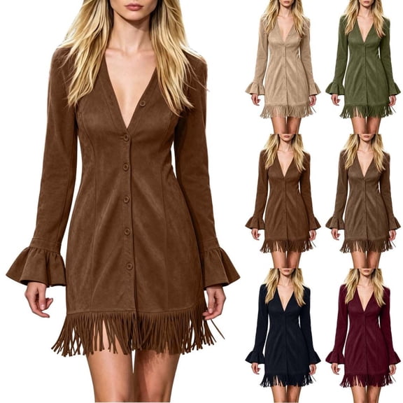 Bxsruta Womens Dressy Shift Dress Long Sleeve V Neck Fringe Mini Dresses for Women Party