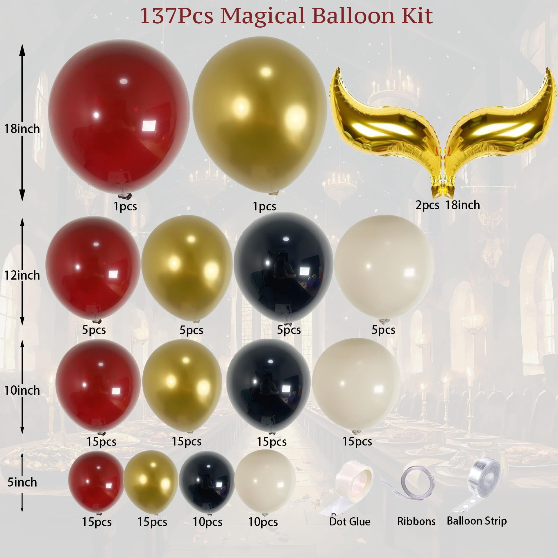 ECEAE 137PCS Magical Balloon Arch Garland KKS1&nbsp;Kit, Burgundy Gold Black White Balloons with Golden Wing Balloons, for Fantasy-Themed Party Decorations, Baby Showers, and Magic Birthday Party