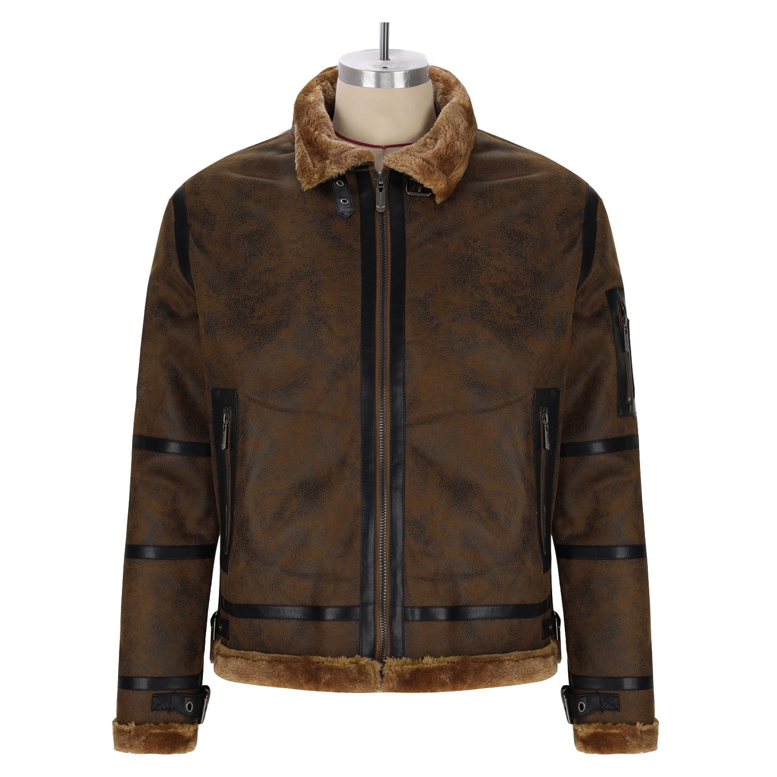 Leather Jackets for Men Thicken Fleece Lined Coats with Zipper Pockets and Collared Long Sleeve Zip Up Slim Thermal Warm Business Work Winter Jacket