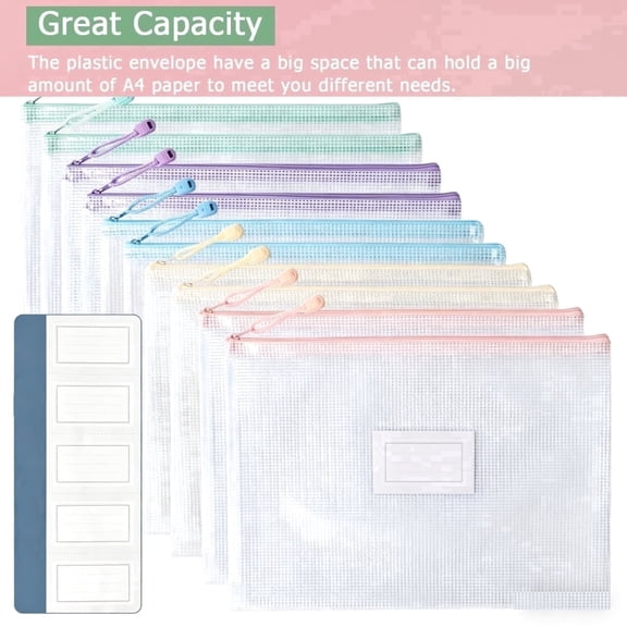 10 Pack Mesh Zipper Pouch with Label Pocket, Waterproof A4 Document Bags, Durable Organizer Pouches for Board Game Storage