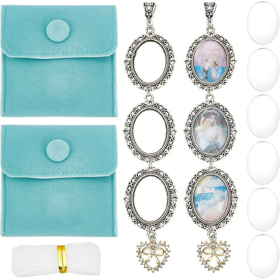 2 Sets Wedding Bouquet Photo Charm DIY Making Kit Include 2pcs Oval and Heart Photo Charms Pendants and 2 Yards Organza Ribbon and 2Pcs Square Velvet Jewelry Bags Silver Silver