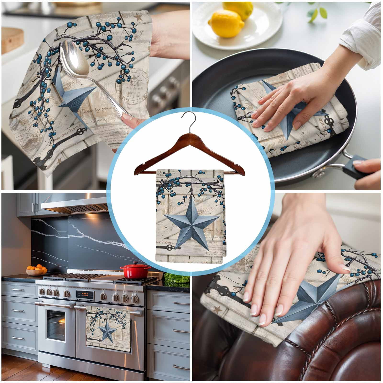 Texas Star Vintage Kitchen Towels Set of 2, Water Absorbent Dish Towel, Retro Navy Blue Berry Wooden Decorative Hand Towels - Quick Drying Cloth for Cooking Baking, 18x28 Inch